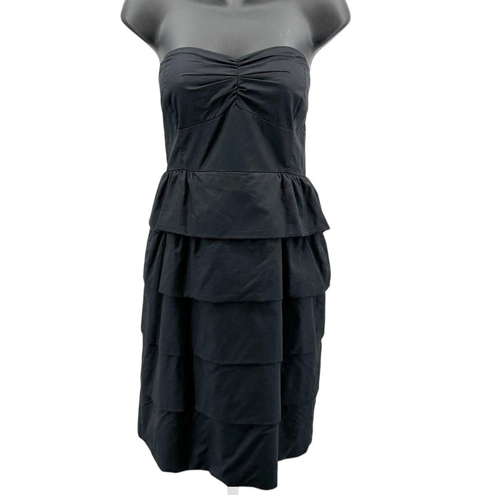 J.Crew Brynn Poplin Ruffle Mini Dress WMNS 2 Black Strapless Layered Sweetheart